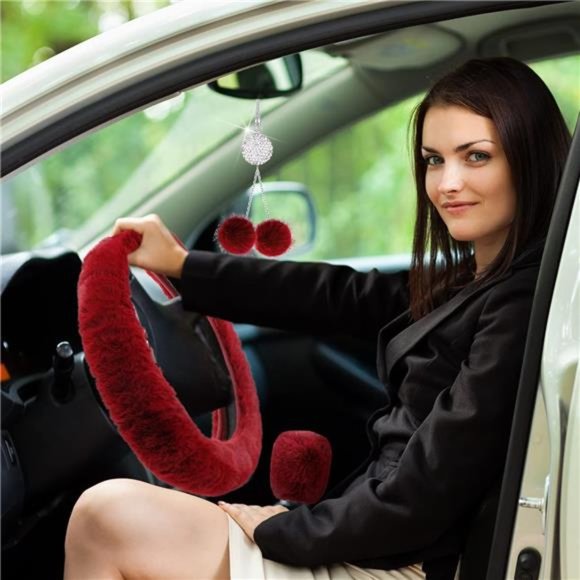 6 Pieces Fluffy Car Accessories Set Fluffy Steering Wheel Cover Soft Fuzz - Picture 5 of 6